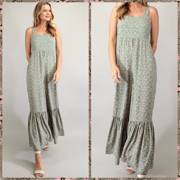 EASEL Smocked Sleeveless Lightweight Ultra Wide Leg Ruffled Hem Jumpsuit Romper - Picture 6 of 14